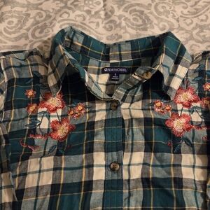 Northcrest Teal and Cream Plaid Top with Floral Details